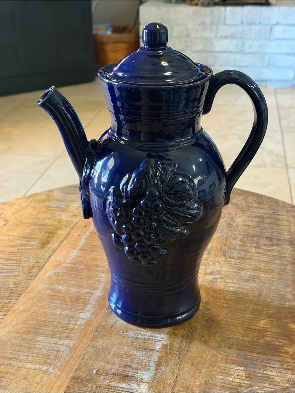 Italian Cobalt Blue Ceramic Teapot Kettle, Raised Grape Fruit Floral Pottery